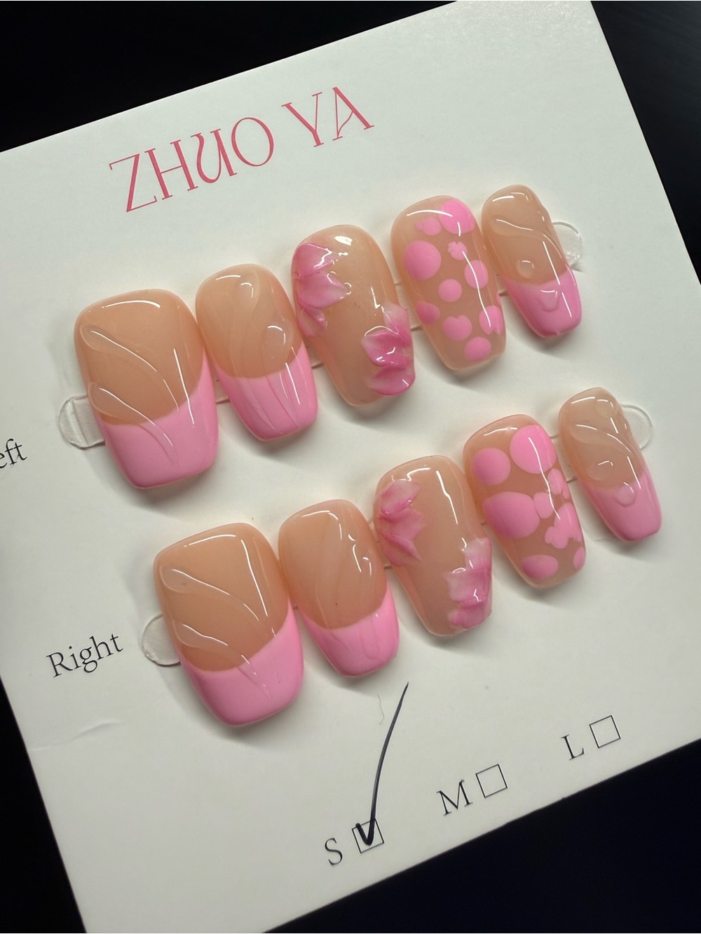 Pink French Tip Press-On Nails with Floral Small